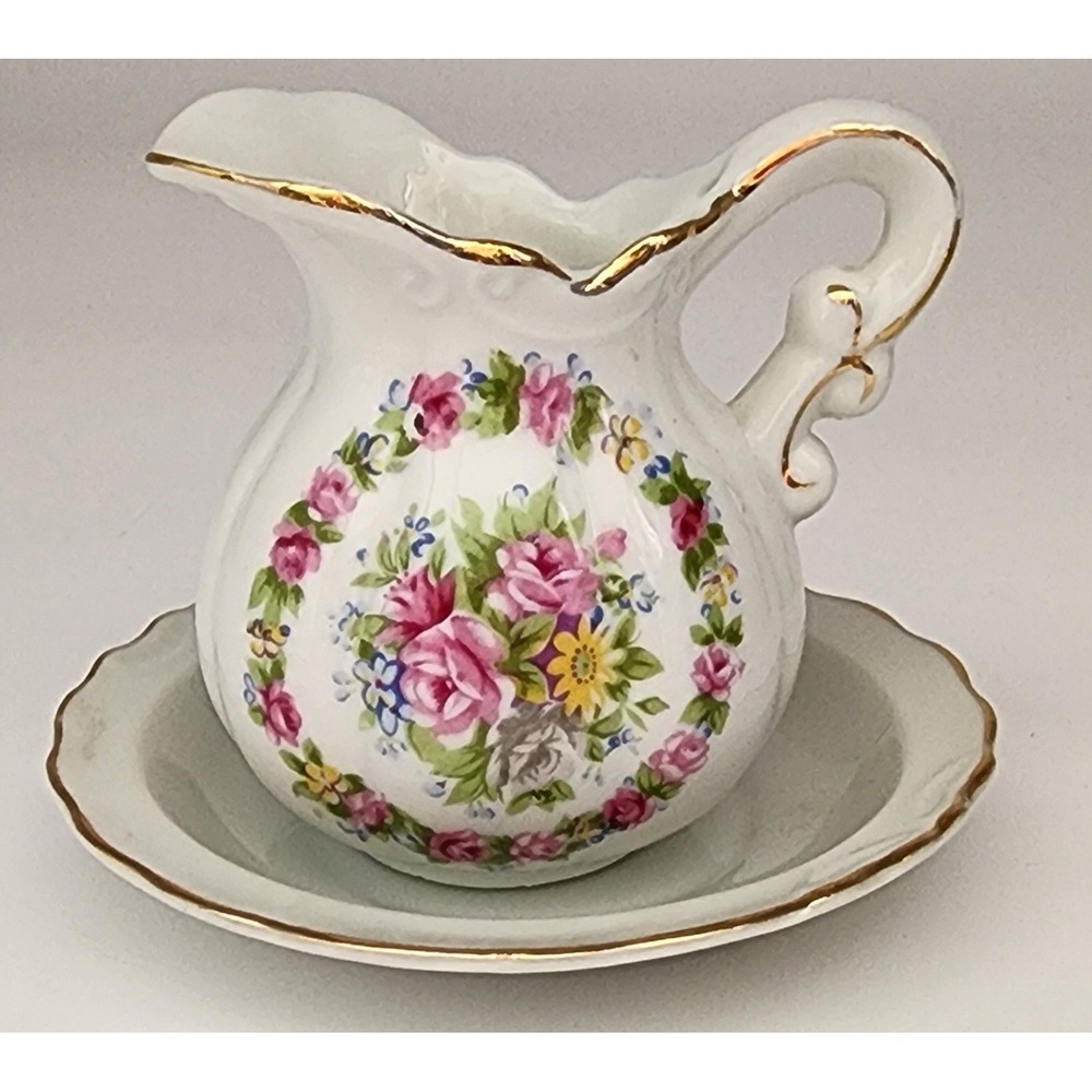 Vintage Brinn's Miniature Pitcher and Basin Set White Pink Floral Excellent Gold